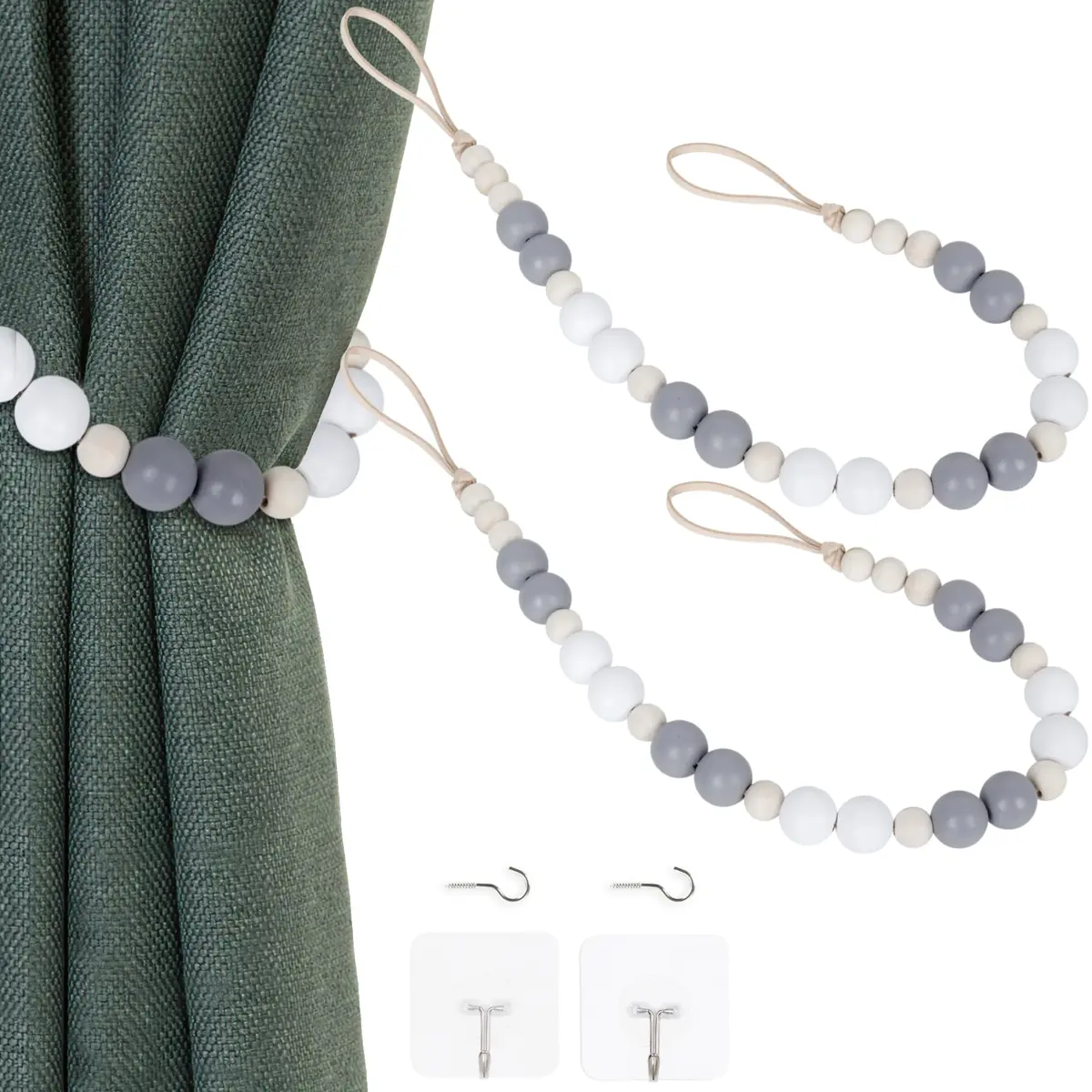 OCIOLI Wood Bead Curtain Tiebacks with Hooks, Boho Style, 18.9" Total Length (Set of 2, White/Gray/Wood) - main product image