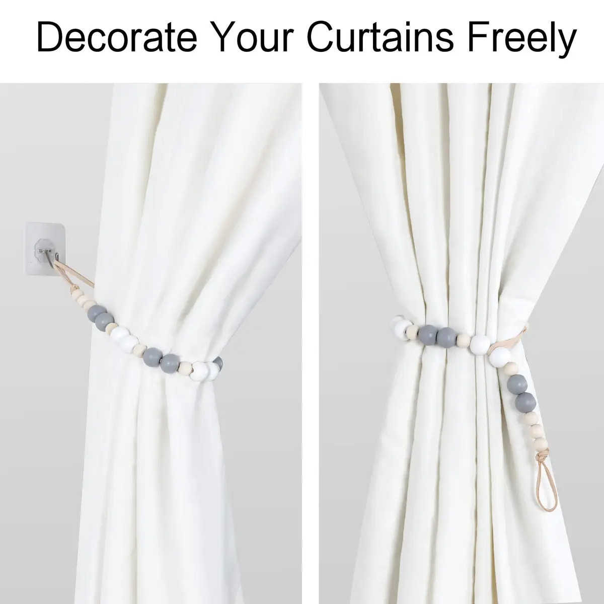 OCIOLI Wood Bead Curtain Tiebacks with Hooks, Boho Style, 18.9" Total Length (Set of 2, White/Gray/Wood) - view 5