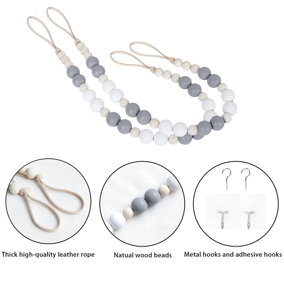OCIOLI Wood Bead Curtain Tiebacks with Hooks, Boho Style, 18.9" Total Length (Set of 2, White/Gray/Wood) - view 6