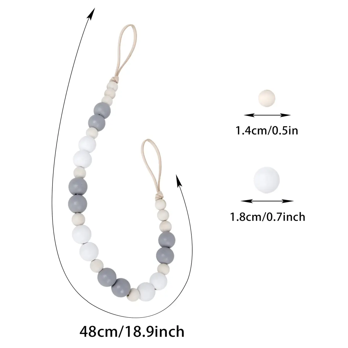 OCIOLI Wood Bead Curtain Tiebacks with Hooks, Boho Style, 18.9" Total Length (Set of 2, White/Gray/Wood) - view 7