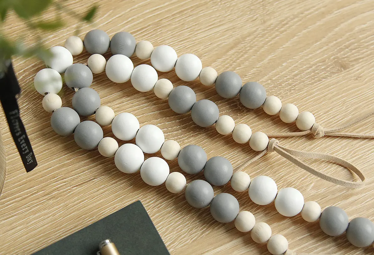 OCIOLI Wood Bead Curtain Tiebacks with Hooks, Boho Style, 18.9" Total Length (Set of 2, White/Gray/Wood) - view 2