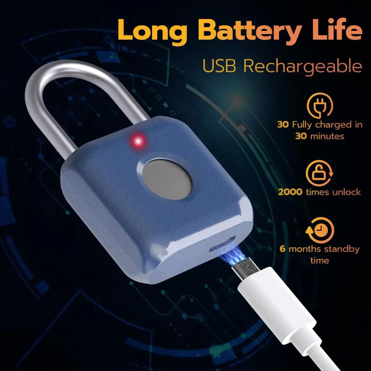 Pothunder Biometric Fingerprint Padlock Blue | Keyless USB Rechargeable Lock for Gym Lockers, Luggage, Backpacks - view 5