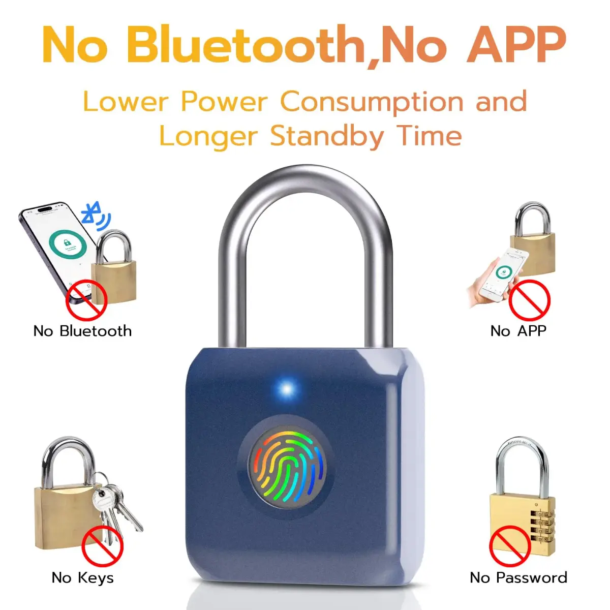Pothunder Biometric Fingerprint Padlock Blue | Keyless USB Rechargeable Lock for Gym Lockers, Luggage, Backpacks - view 4