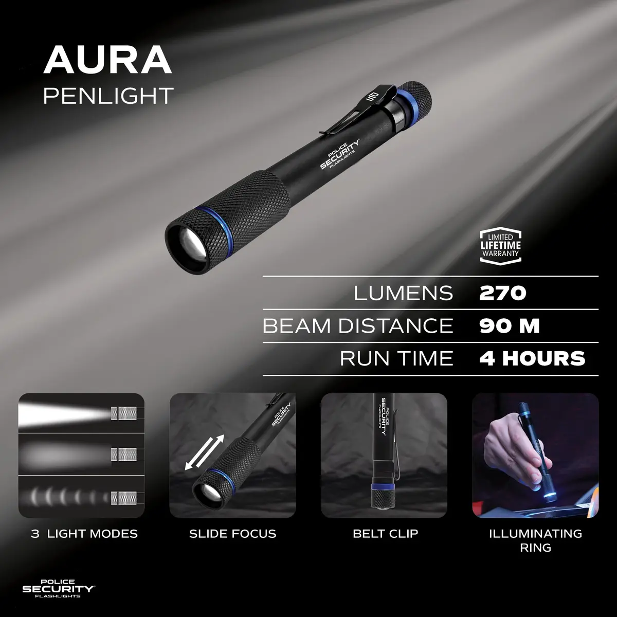 Police Security Aura Black LED Penlight - 270 Lumens | Compact, Water-Resistant & Adjustable Focus - view 2