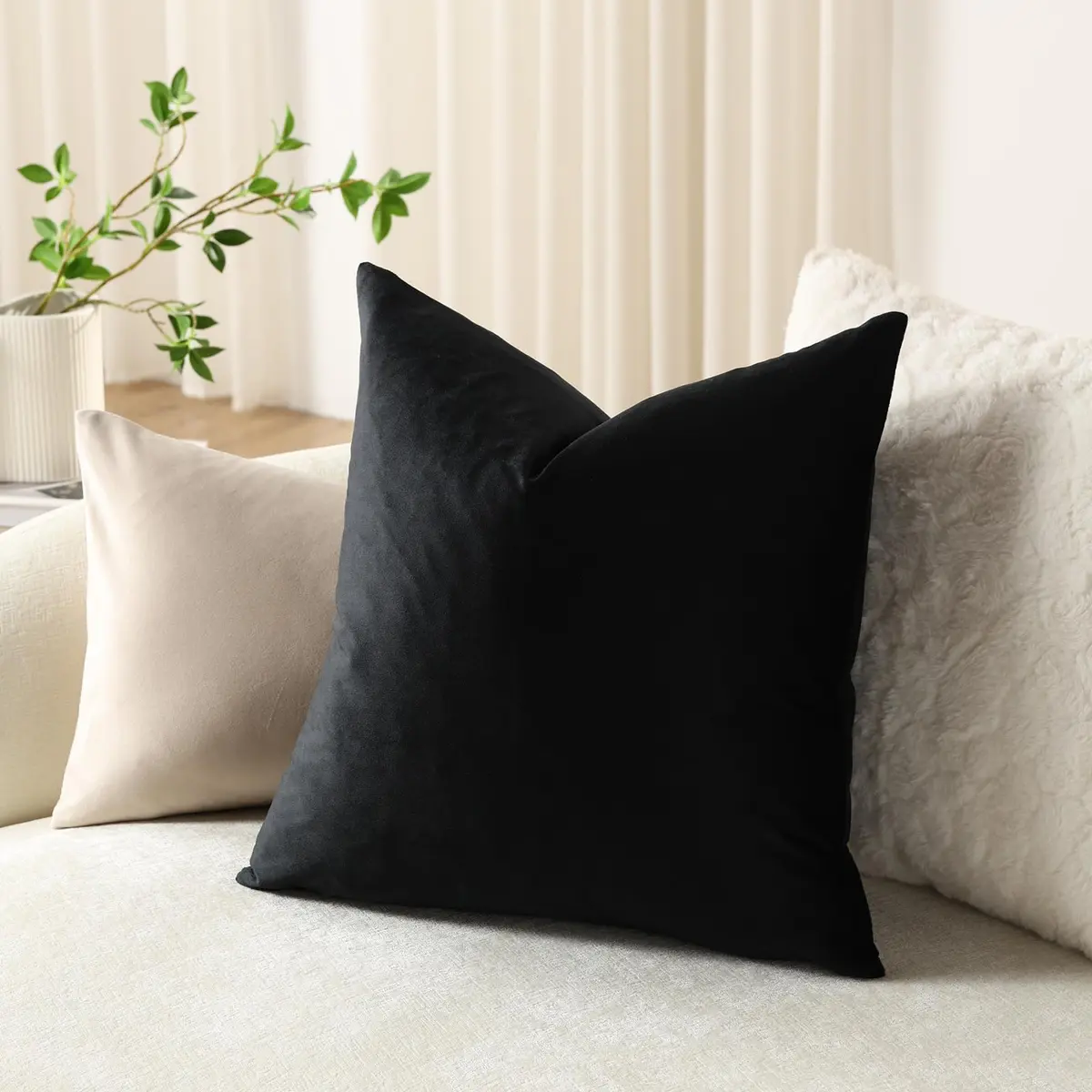 DEZENE Euro Sham Covers 26x26 in Black | Luxurious Velvet Square Pillow Cases (26x26 inches) - view 4