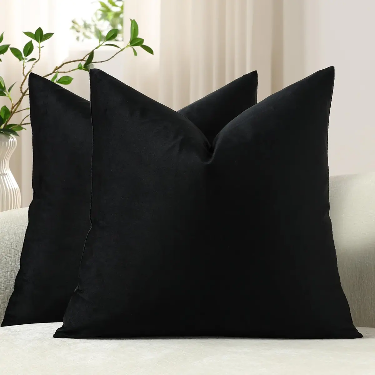 DEZENE Euro Sham Covers 26x26 in Black | Luxurious Velvet Square Pillow Cases (26x26 inches) - main product image