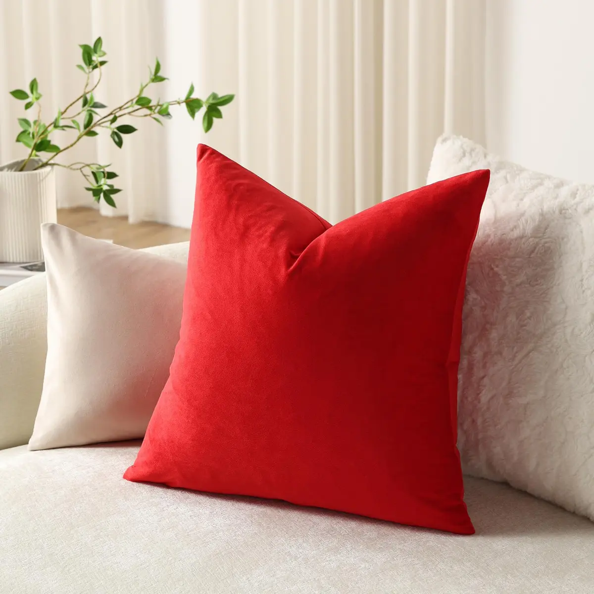 DEZENE Euro Sham Covers 26x26 Christmas Red | Luxurious Velvet Square Pillow Cases - view 4