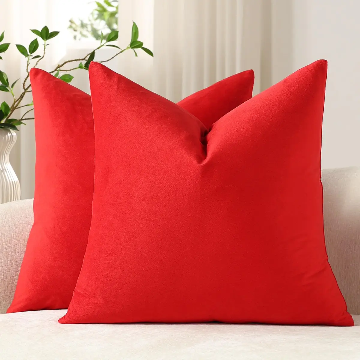 DEZENE Euro Sham Covers 26x26 Christmas Red | Luxurious Velvet Square Pillow Cases - main product image