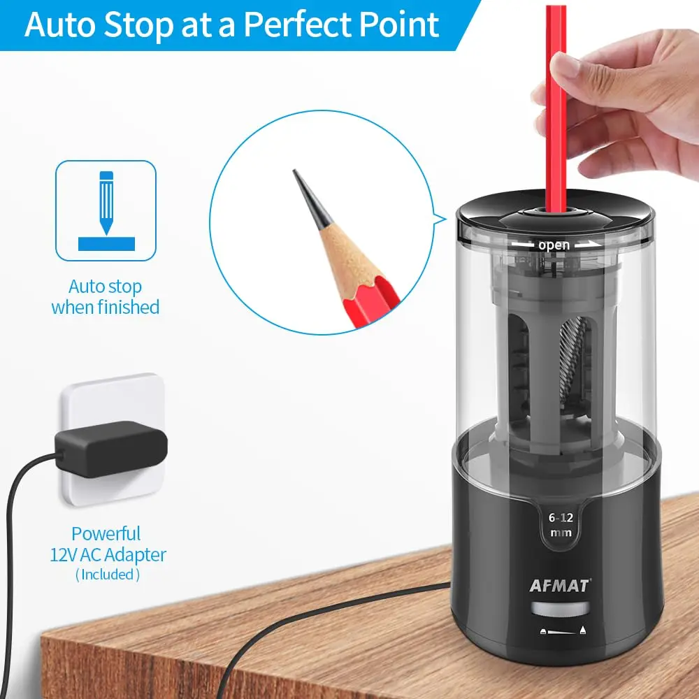AFMAT PSA6 Electric Long Point Pencil Sharpener for Artist, Fast Sharpen & Auto Stop, 8-17mm Super Long Point, Professional Artist Plug-in for φ6-12mm Pencils - view 5