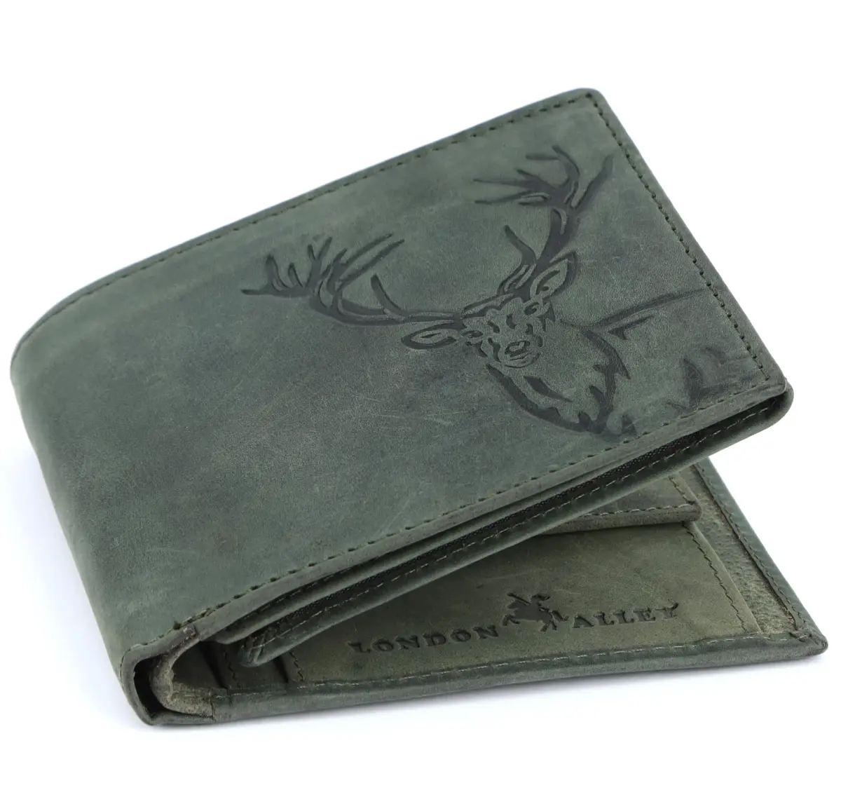 LONDON ALLEY Vintage Green Bi-Fold Leather Wallet | RFID Blocking, Genuine Leather, 14 Pockets - view 2