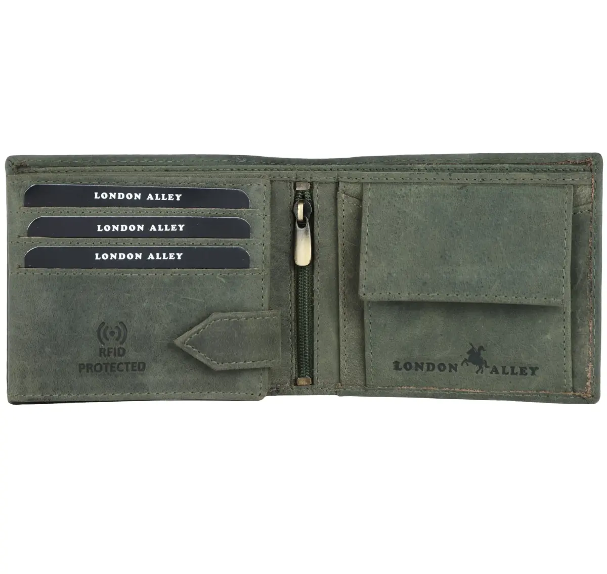 LONDON ALLEY Vintage Green Bi-Fold Leather Wallet | RFID Blocking, Genuine Leather, 14 Pockets - view 3