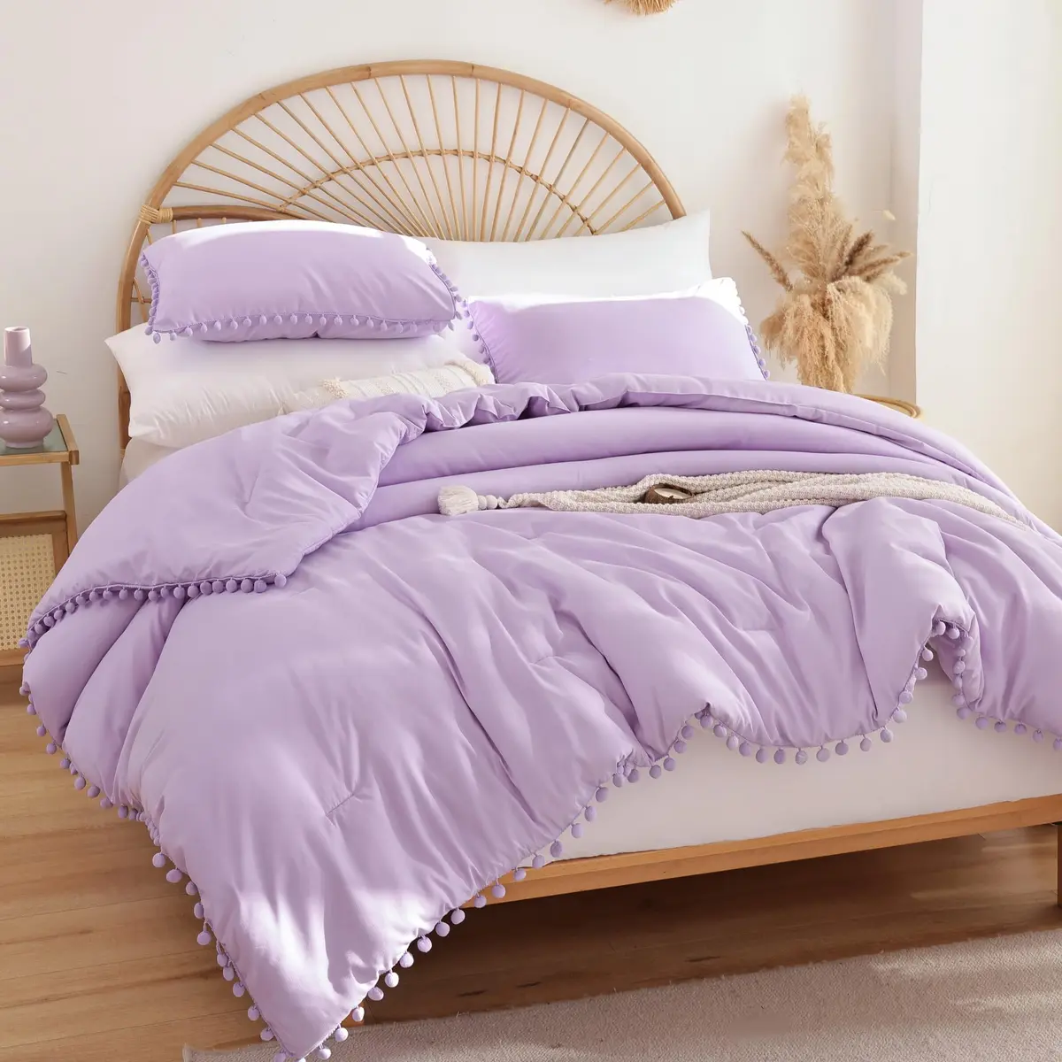YIRDDEO Queen Comforter Set, Lavender Purple Ball Pom Fringe Bedding 3 Pcs | Soft & Safe Polyester Comforter for All Seasons - main product image