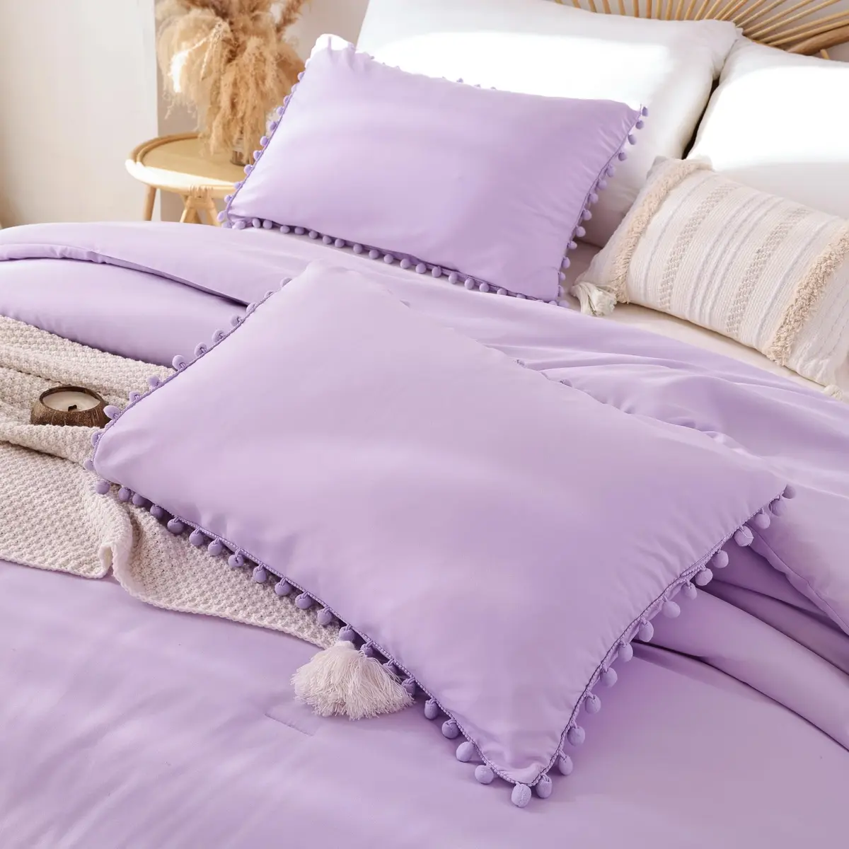 YIRDDEO Queen Comforter Set, Lavender Purple Ball Pom Fringe Bedding 3 Pcs | Soft & Safe Polyester Comforter for All Seasons - view 5