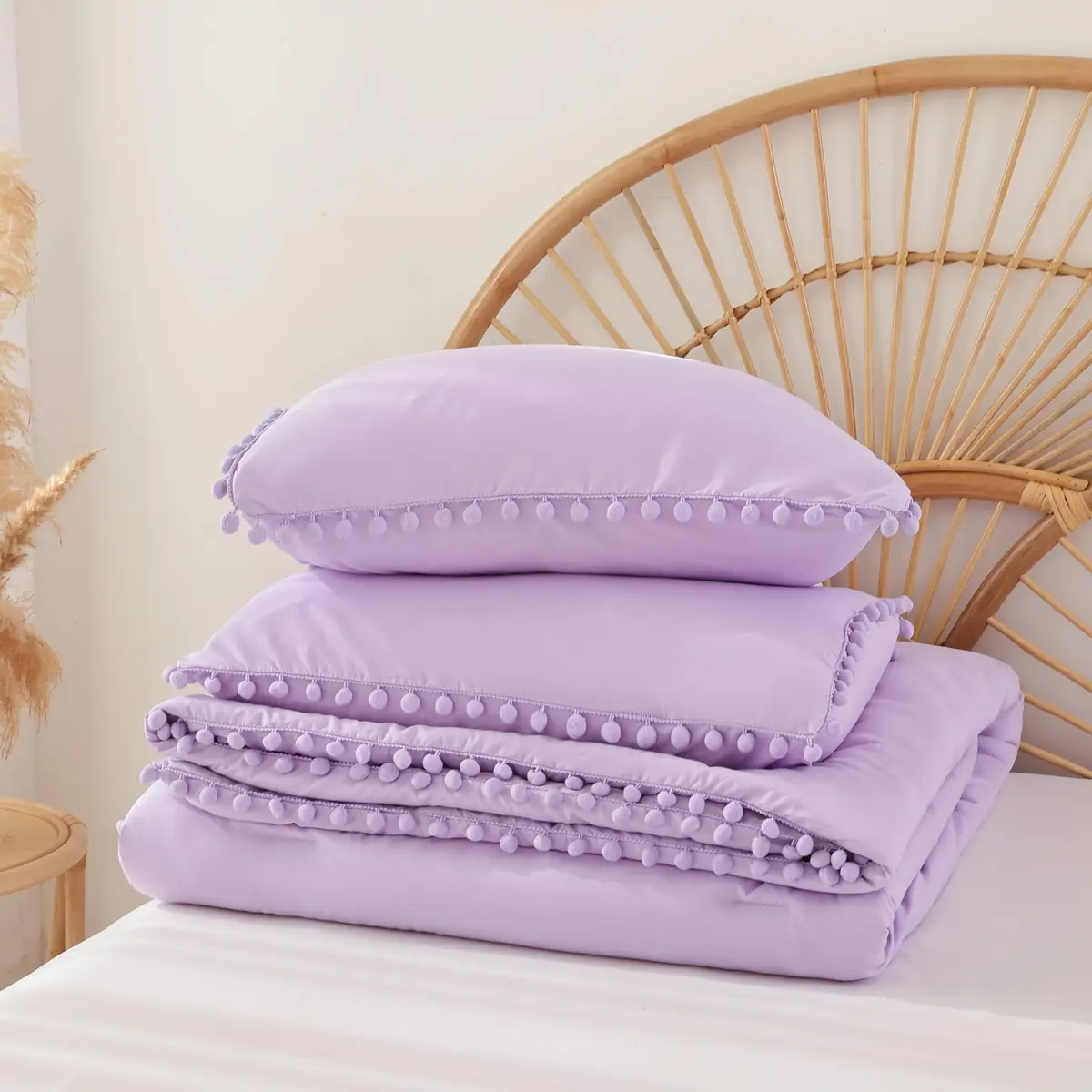 YIRDDEO Queen Comforter Set, Lavender Purple Ball Pom Fringe Bedding 3 Pcs | Soft & Safe Polyester Comforter for All Seasons - view 6