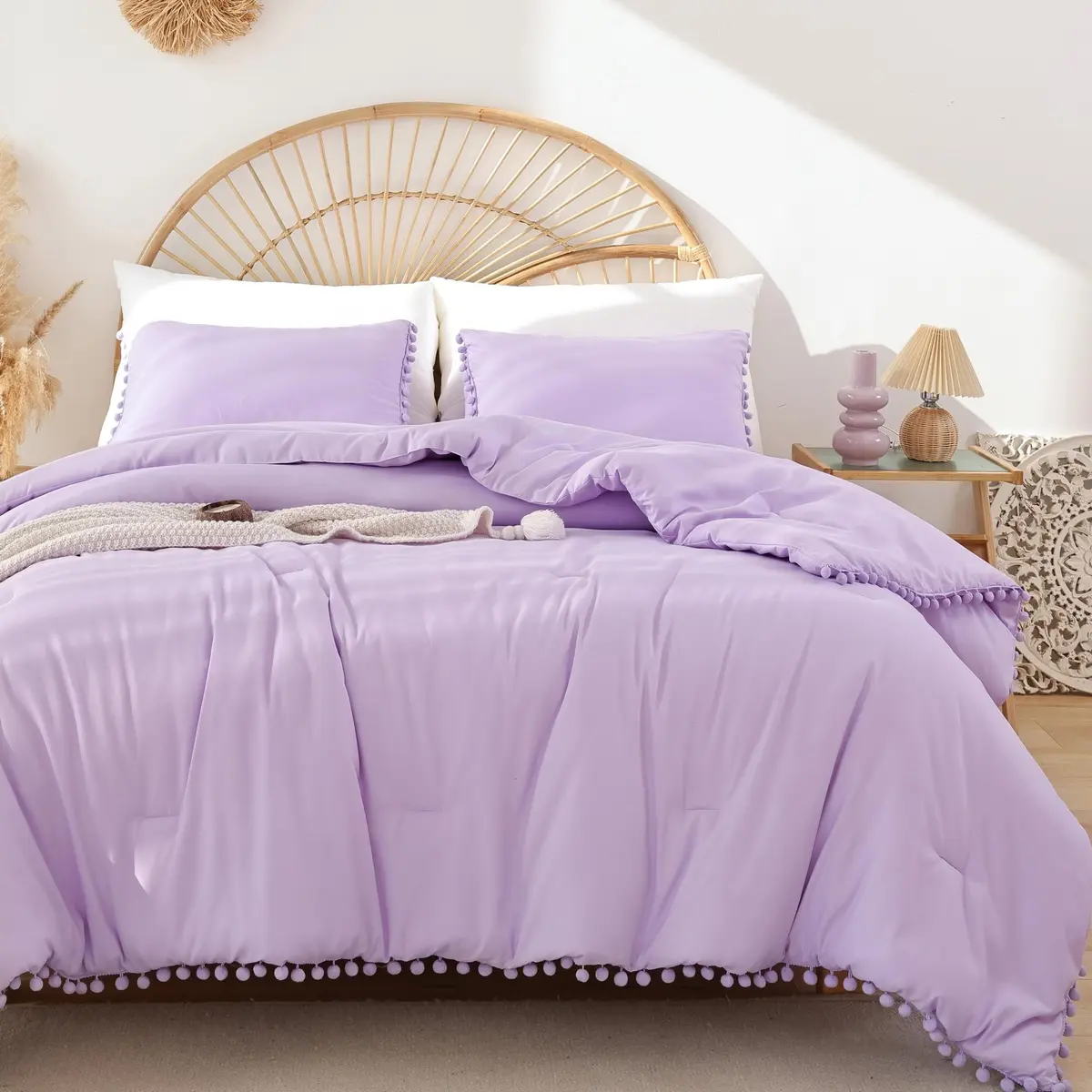 YIRDDEO Queen Comforter Set, Lavender Purple Ball Pom Fringe Bedding 3 Pcs | Soft & Safe Polyester Comforter for All Seasons - view 2