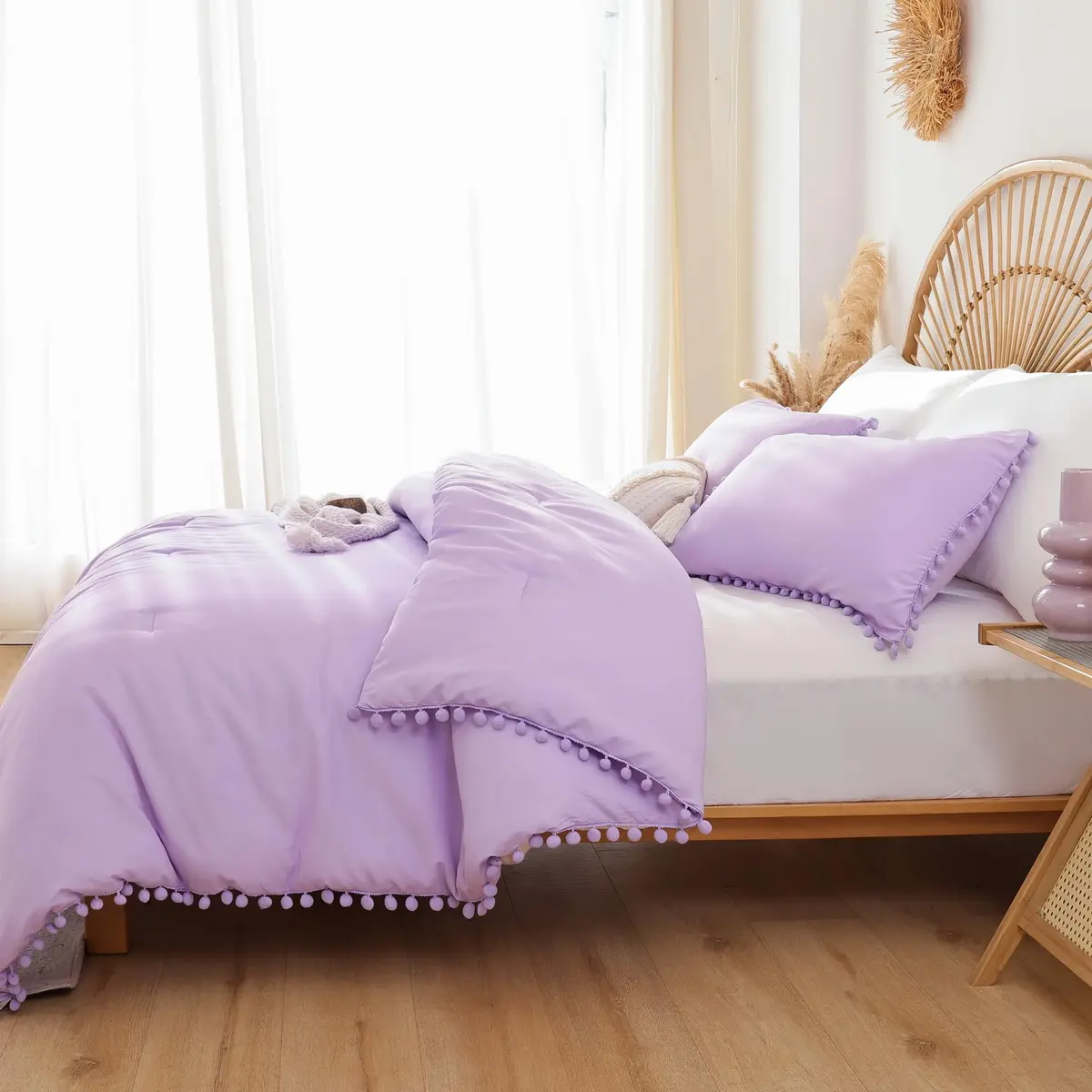 YIRDDEO Queen Comforter Set, Lavender Purple Ball Pom Fringe Bedding 3 Pcs | Soft & Safe Polyester Comforter for All Seasons - view 3