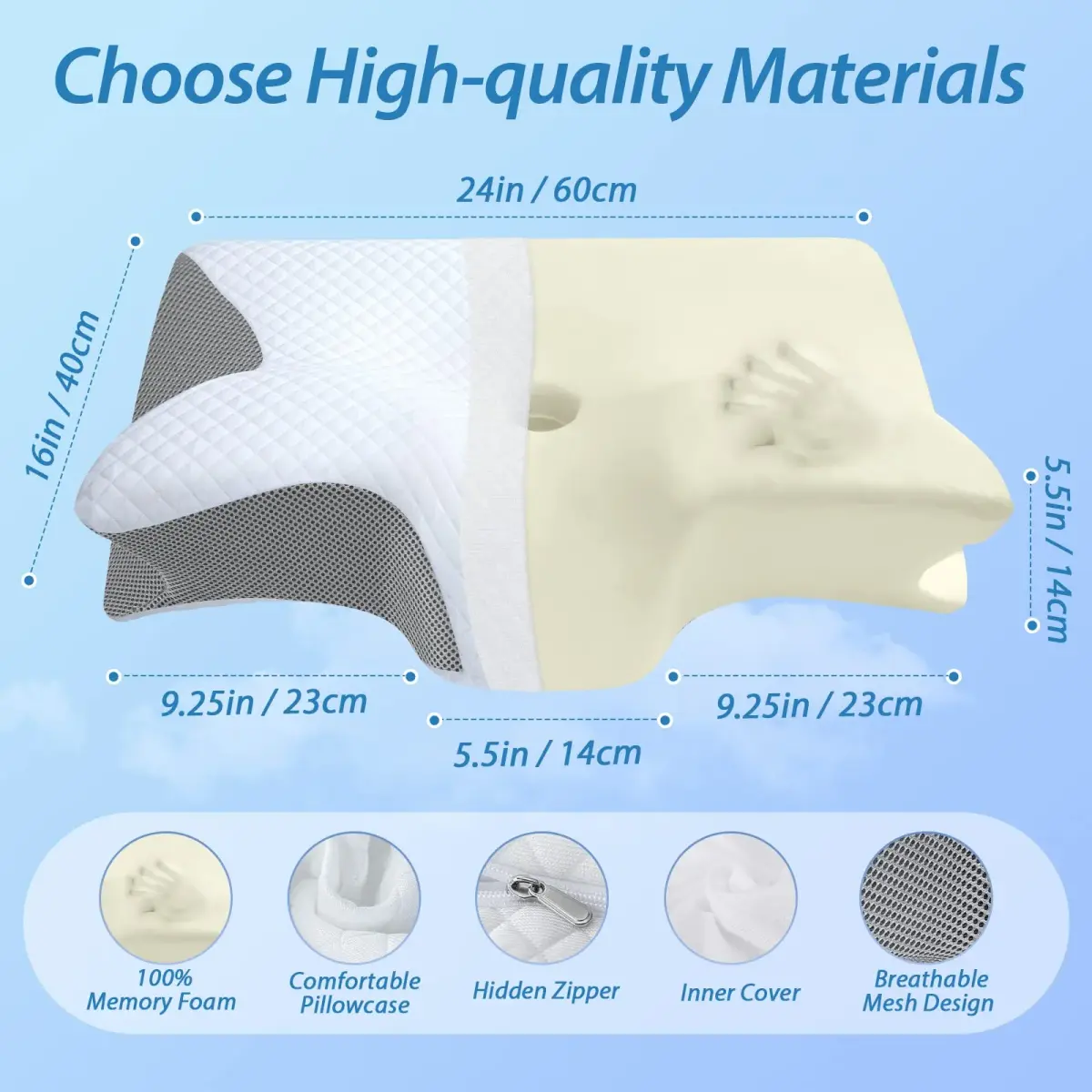 HOMCA Memory Foam Cervical Pillow 60cm (23.6") x 40cm (15.7") x 12cm (4.7") | CertiPUR-US Certified for Neck Pain Relief - view 7