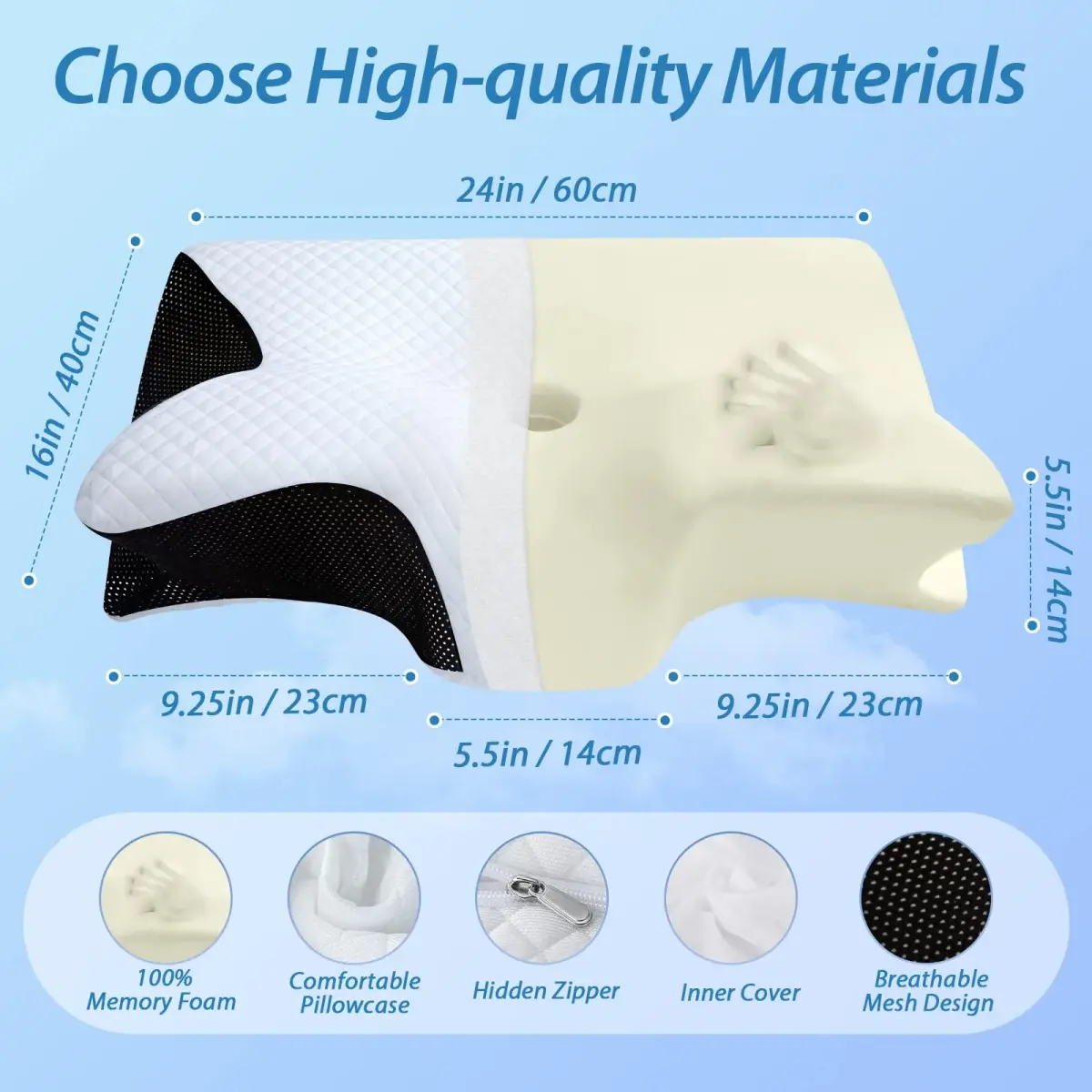 HOMCA Memory Foam Cervical Pillow 60cm (23.6 in) x 40cm (15.7 in) x 11cm/14cm (4.7/5.6 in) | Orthopedic Neck Pain Relief for All Sleepers - view 3