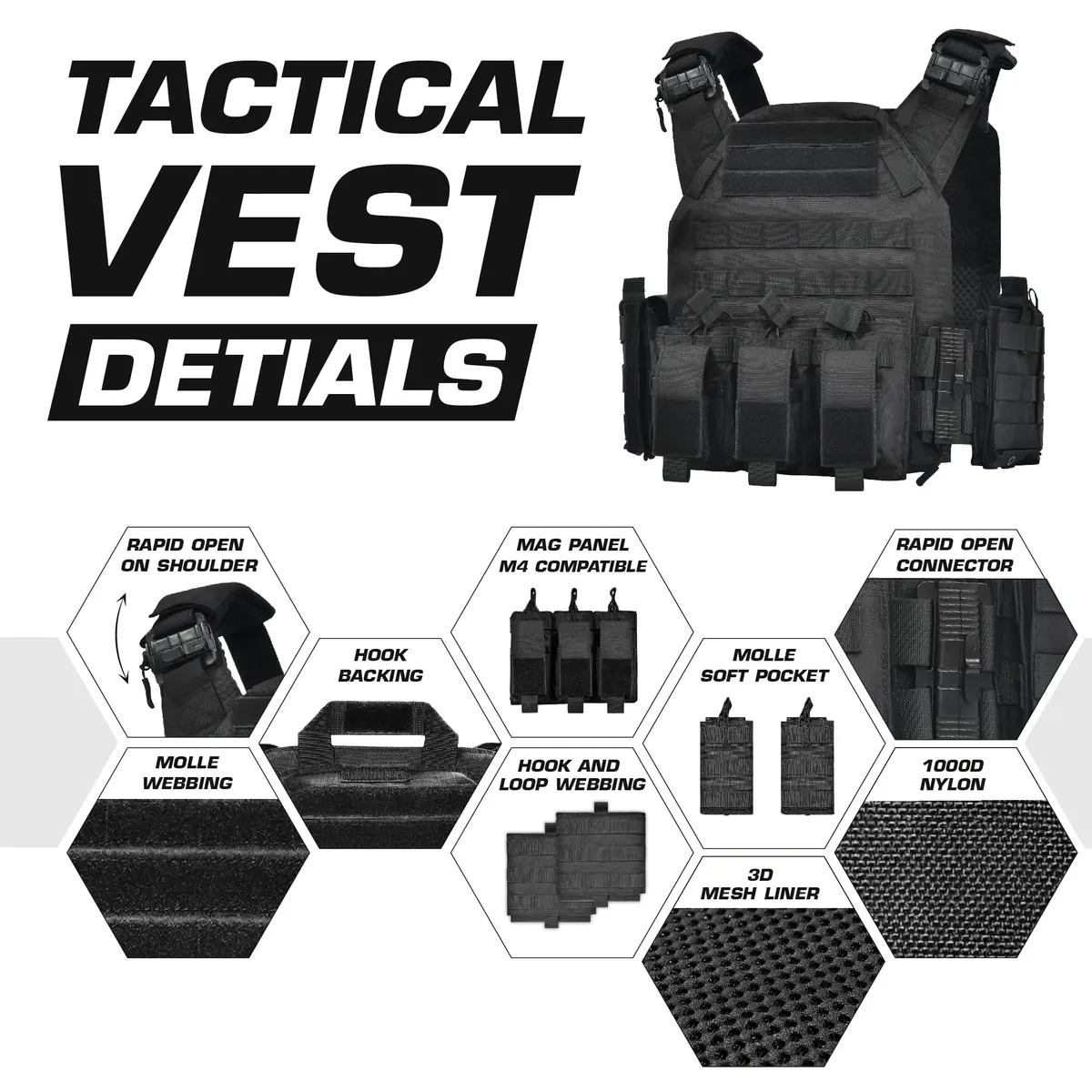 GFIRE Tactical Vest Lightweight 3D Breathable Vest for Training Black L-4XL | Adjustable Quick Release MOLLE System - view 3