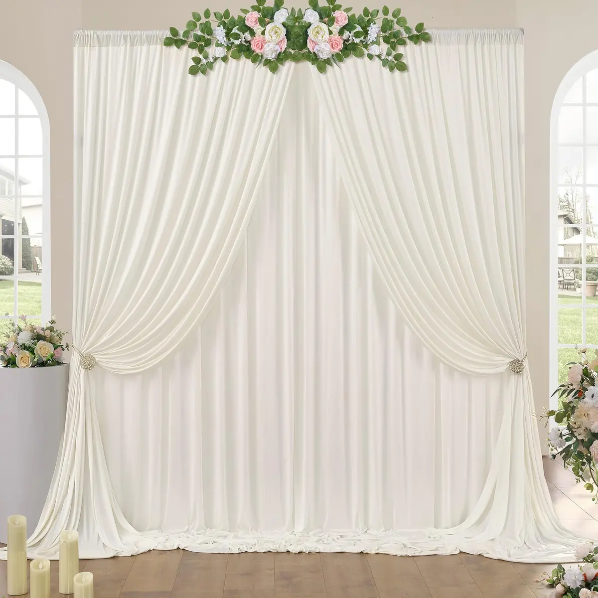 NSSONBEN 10ft x 10ft Wrinkle Free Ivory Backdrop Curtains for Parties | Polyester Photo Backdrop Drapes for Wedding & Birthday (10ft x 10ft) - main product image