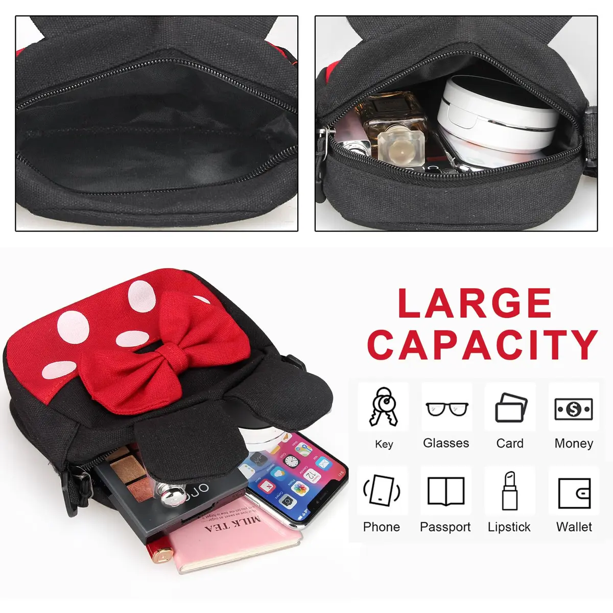 Dksyee Mini Mouse Crossbody Bag for Little Girls 6 in Red Canvas | Disney Minnie Ears - view 4