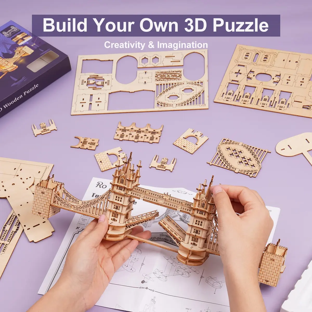 ROBOTIME 3D Puzzle Wooden Craft Kits with LED Light DIY Tower Bridge 14.1x2.9x4.6 inch | Brain Teaser Home Decor Gift - view 7