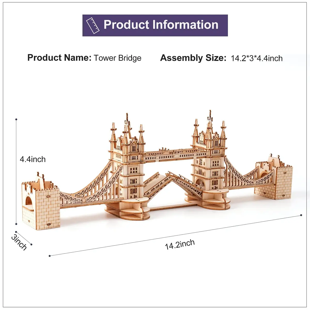 ROBOTIME 3D Puzzle Wooden Craft Kits with LED Light DIY Tower Bridge 14.1x2.9x4.6 inch | Brain Teaser Home Decor Gift - view 8