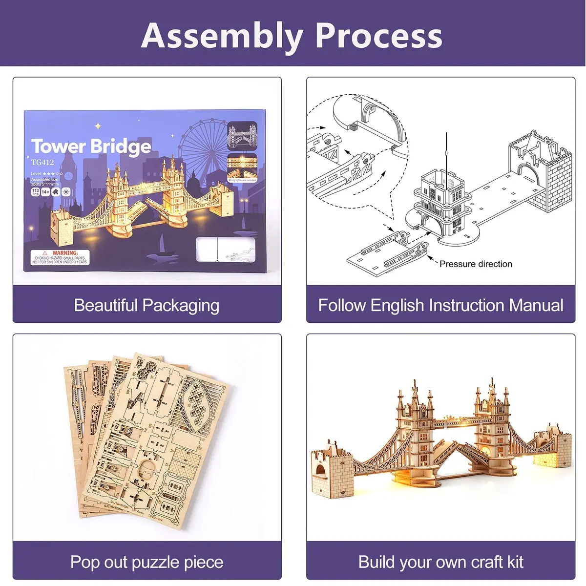 ROBOTIME 3D Puzzle Wooden Craft Kits with LED Light DIY Tower Bridge 14.1x2.9x4.6 inch | Brain Teaser Home Decor Gift - view 9