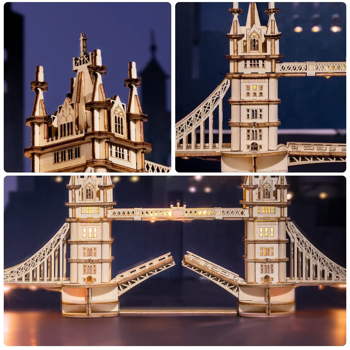 ROBOTIME 3D Puzzle Wooden Craft Kits with LED Light DIY Tower Bridge 14.1x2.9x4.6 inch | Brain Teaser Home Decor Gift - view 4