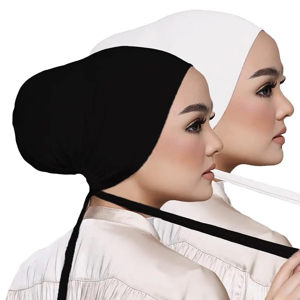 Hophor Women's Black Stretch Under Scarf Hijab Cap with Tie-Back Closure (2-Pack, White+Black) | Adjustable & Breathable Jersey - main product image