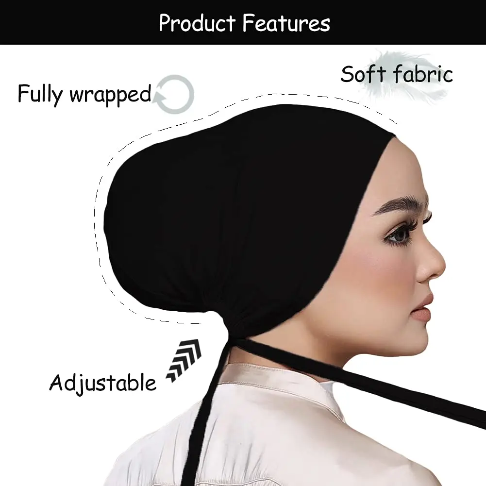 Hophor Women's Black Stretch Under Scarf Hijab Cap with Tie-Back Closure (2-Pack, White+Black) | Adjustable & Breathable Jersey - view 2