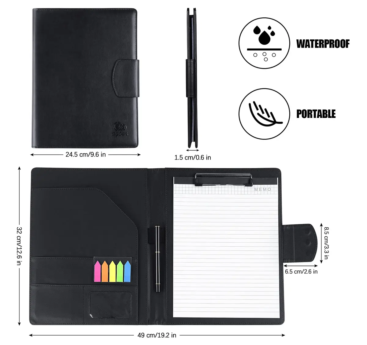 Agoer Professional Padfolio with Clipboard,3X Magnetic Closure Cover,Faux Leather | A4 Size, Business Organizer - view 2