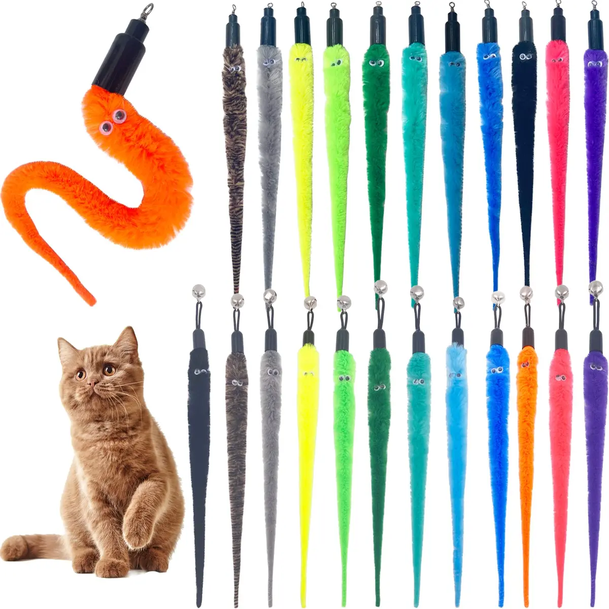 TIENAILING Cat Toy Worm Refills | 24 Pieces Interactive Cat Wand Attachments for Indoor Cats - main product image
