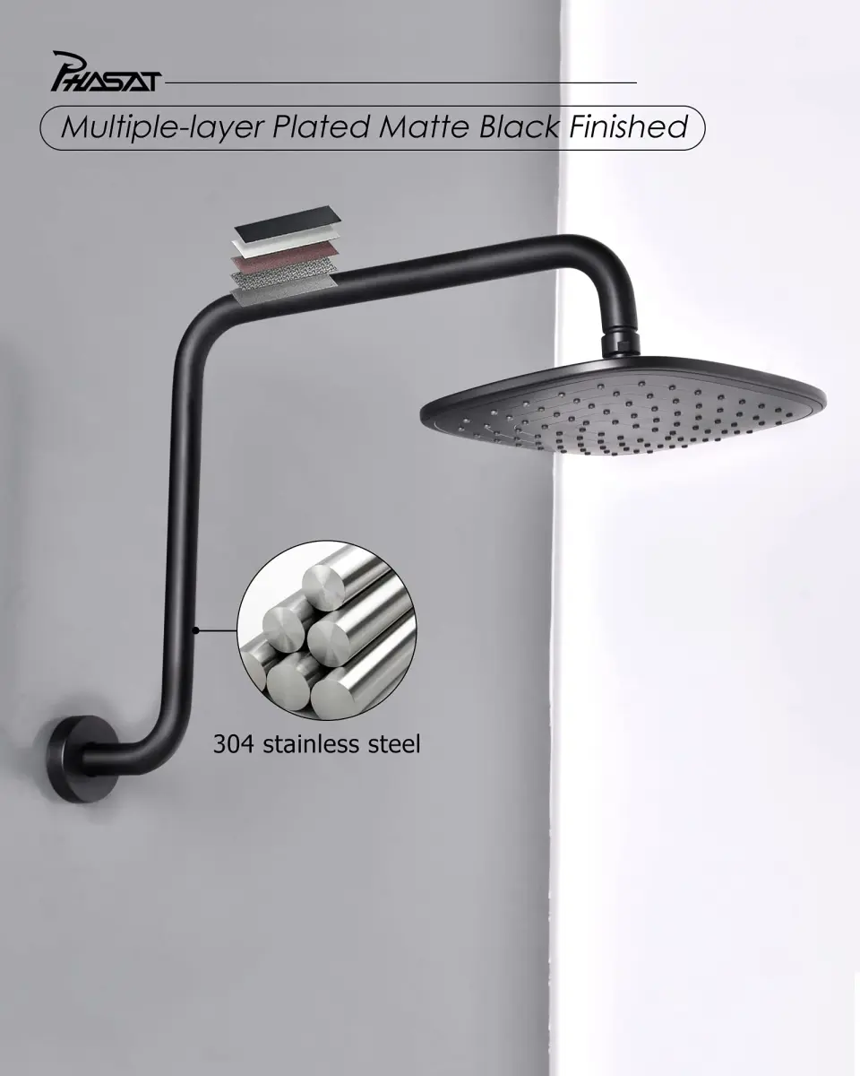 PHASAT 16 Inches S-Shaped Shower Arm with Flange, Matte Black, 43cm (17") | High Rise Shower Extension for Modern Bathrooms - view 3