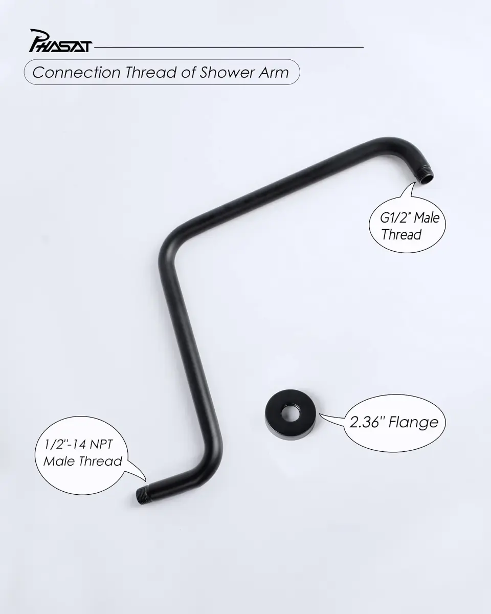 PHASAT 16 Inches S-Shaped Shower Arm with Flange, Matte Black, 43cm (17") | High Rise Shower Extension for Modern Bathrooms - view 4