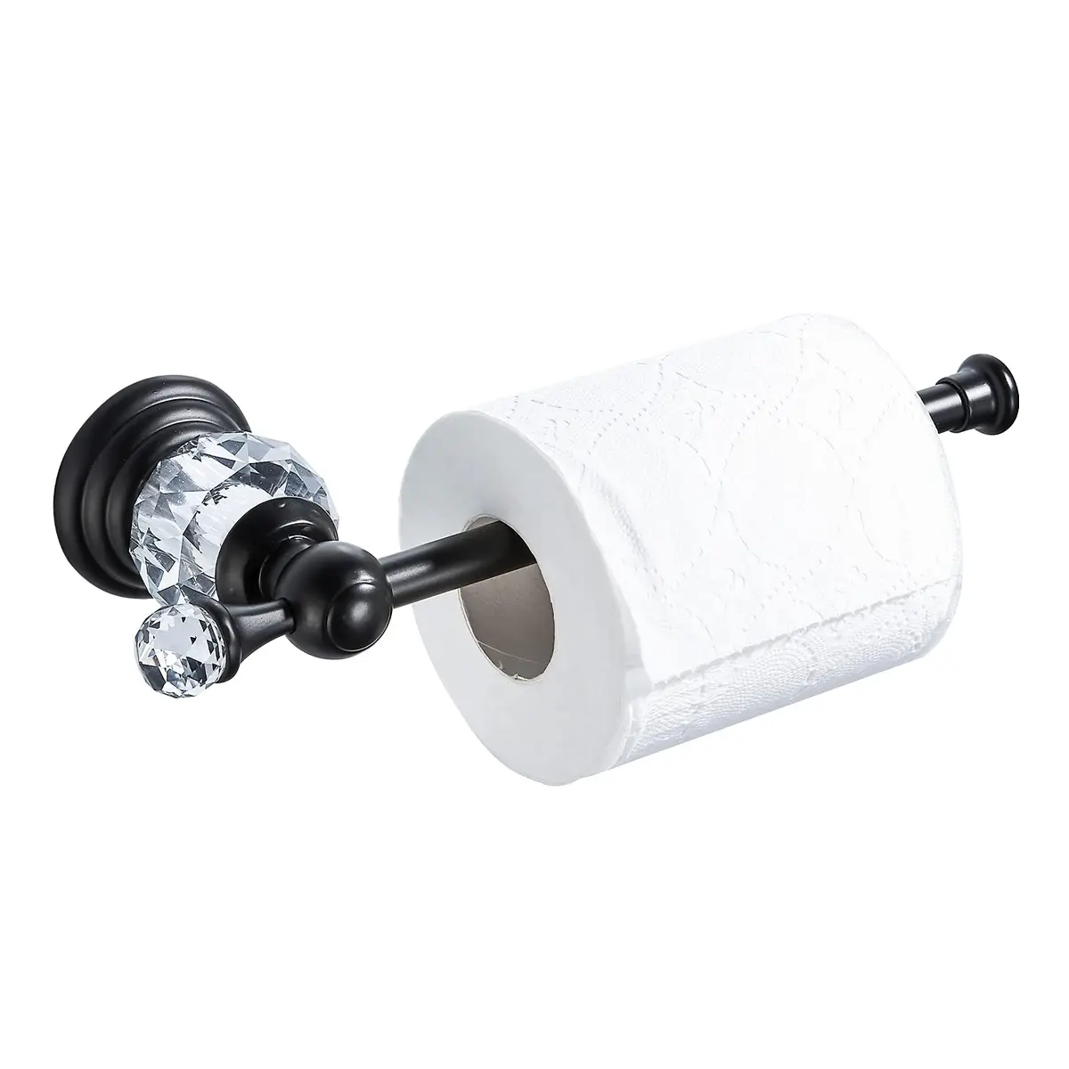 BATHSIR Crystal Toilet Paper Holder Black Toilet Roll Holder Modern Bathroom Accessories Zinc Alloy Tissue Hanger Wall Mounted | Polished Black Finish - main product image