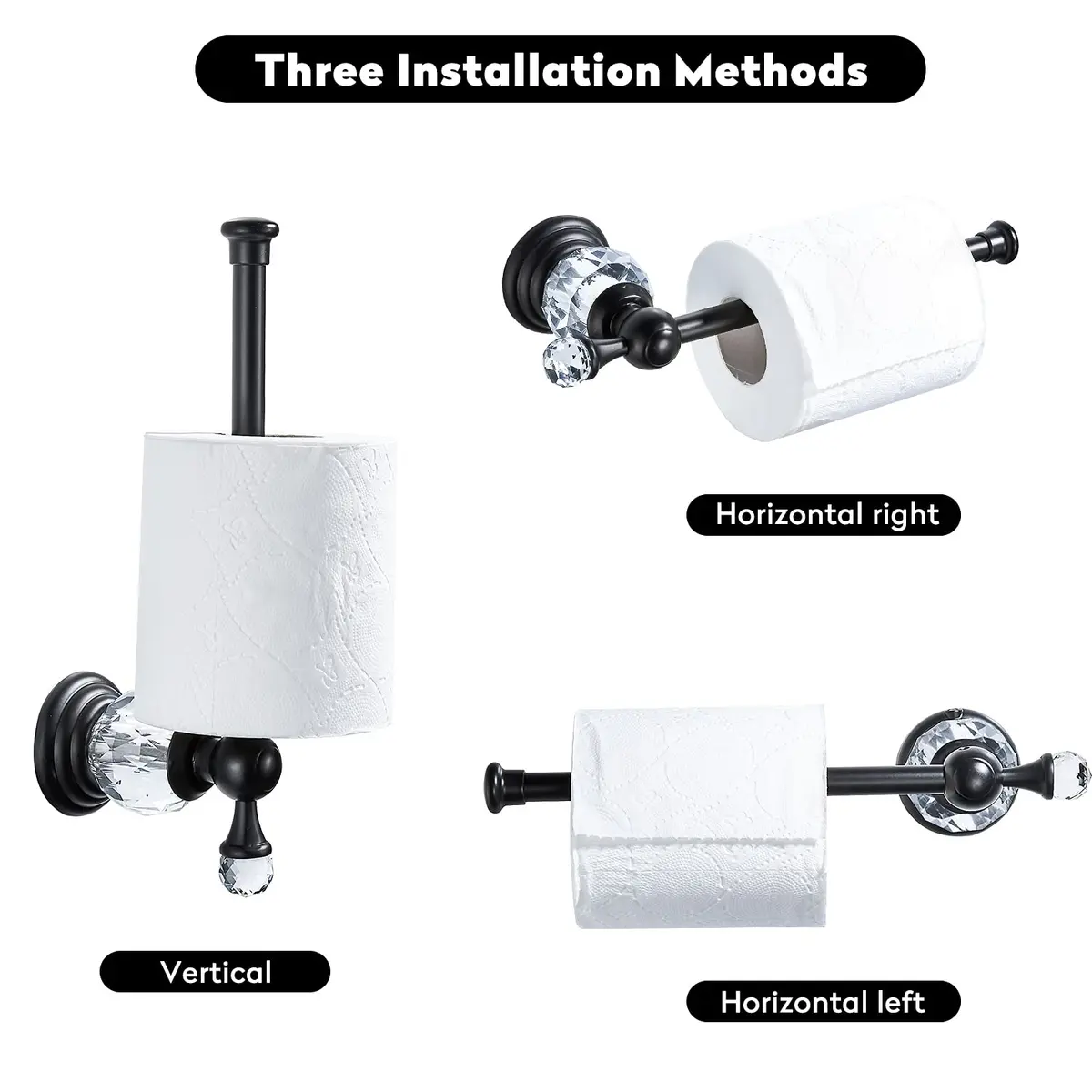 BATHSIR Crystal Toilet Paper Holder Black Toilet Roll Holder Modern Bathroom Accessories Zinc Alloy Tissue Hanger Wall Mounted | Polished Black Finish - view 7