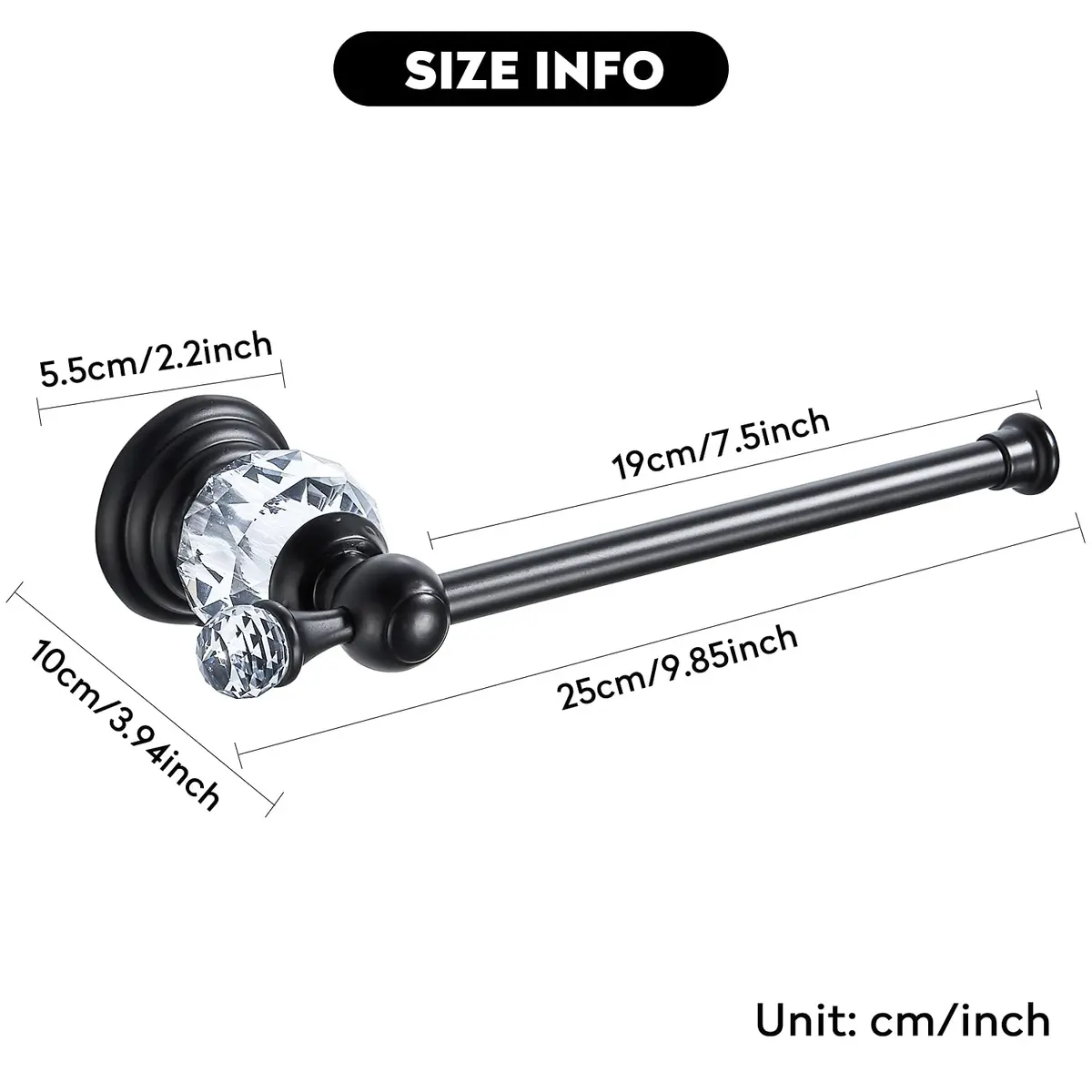 BATHSIR Crystal Toilet Paper Holder Black Toilet Roll Holder Modern Bathroom Accessories Zinc Alloy Tissue Hanger Wall Mounted | Polished Black Finish - view 8