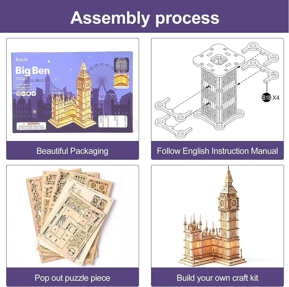 Rolife 3D Wooden Puzzles Big Ben Craft Model Kits for Adults to Build Birthday Gift for Family and Friends | Assembly Time 1.5 hrs - view 6