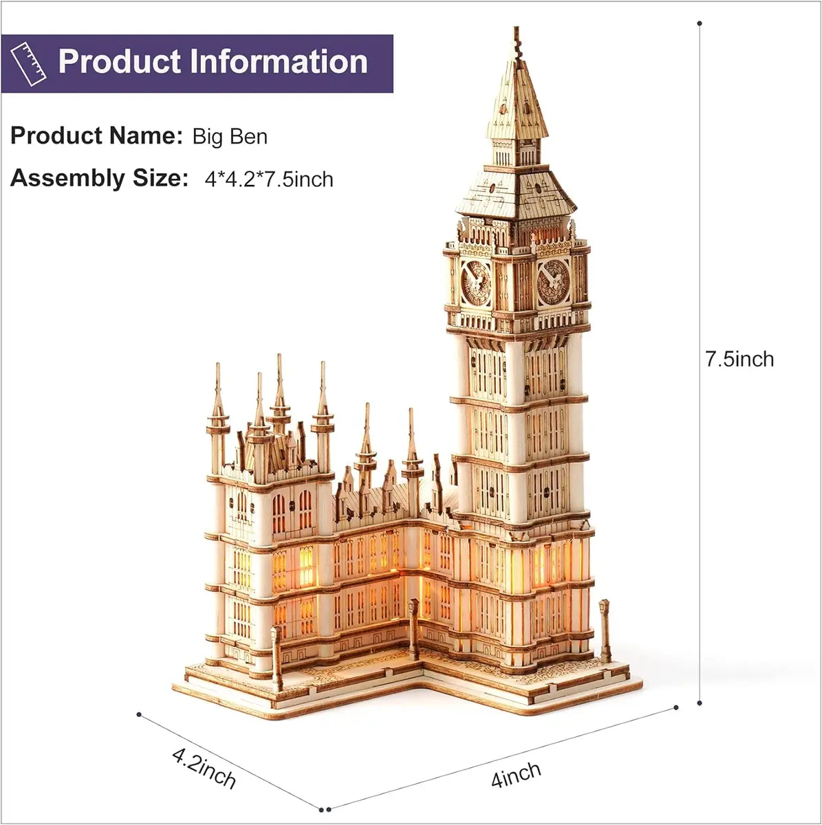 Rolife 3D Wooden Puzzles Big Ben Craft Model Kits for Adults to Build Birthday Gift for Family and Friends | Assembly Time 1.5 hrs - view 8