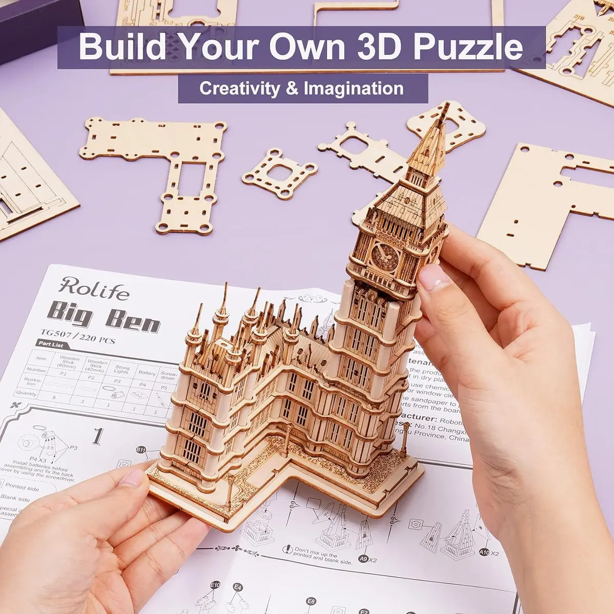 Rolife 3D Wooden Puzzles Big Ben Craft Model Kits for Adults to Build Birthday Gift for Family and Friends | Assembly Time 1.5 hrs - view 3