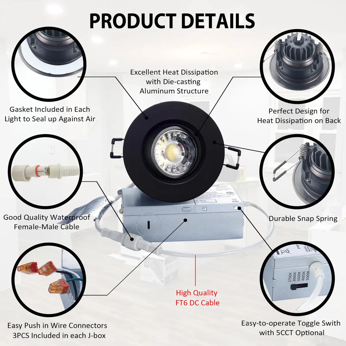 POPANU 3 Inch Black LED Recessed Gimbal Downlight 6 Pack | 5 CCT Adjustable Color Temperature - view 3