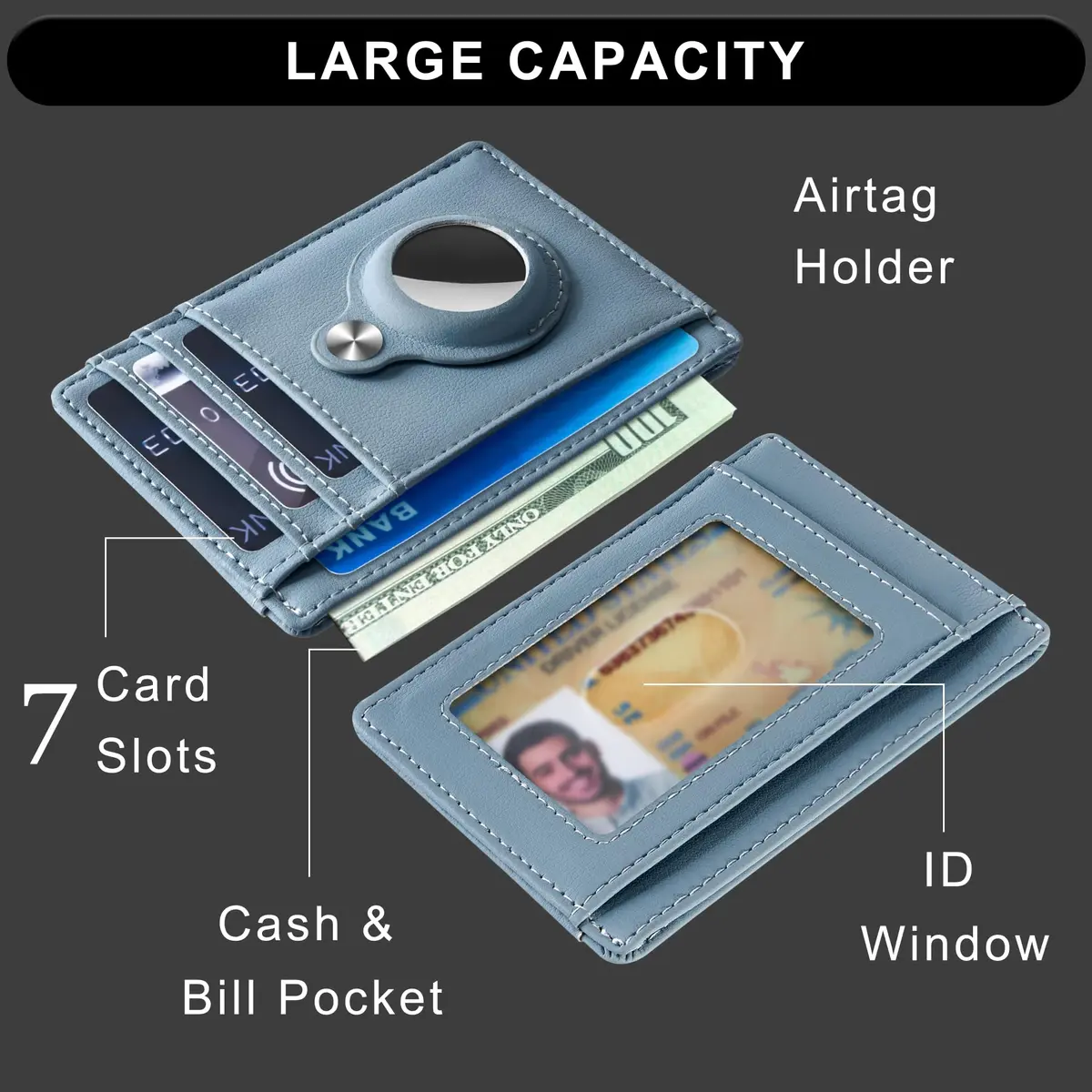 Hawanik Slim Minimalist Front Pocket Air Tag Wallet Thin Card Holder with RFID Blocking, Light Blue 7.6 cm x 10.4 cm x 0.3 cm (3" x 4.1" x 0.12") | Securely Holds AirTag & Cards - view 3