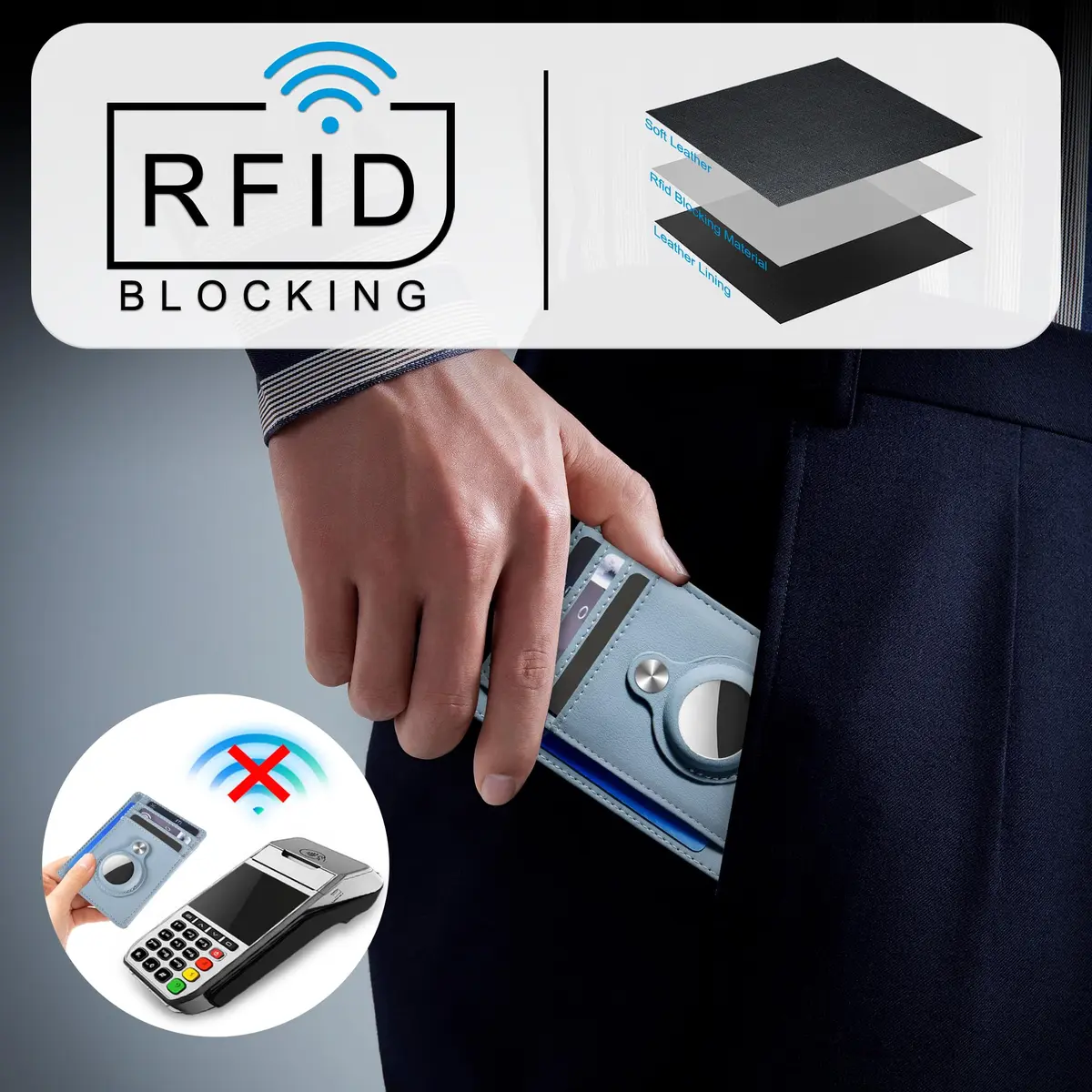 Hawanik Slim Minimalist Front Pocket Air Tag Wallet Thin Card Holder with RFID Blocking, Light Blue 7.6 cm x 10.4 cm x 0.3 cm (3" x 4.1" x 0.12") | Securely Holds AirTag & Cards - view 4