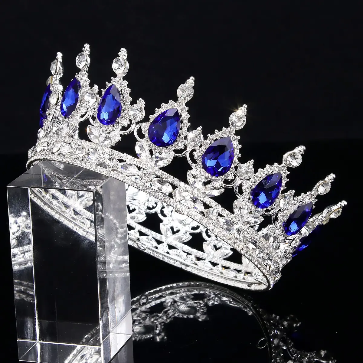 COCIDE Blue Crown for Women Silver Crystal Wedding Tiaras and Crowns Rhinestones Queen Hair Accessories for Party Bridal Birthday Prom Costume Cosplay | Elegant Queen Headpiece - view 2
