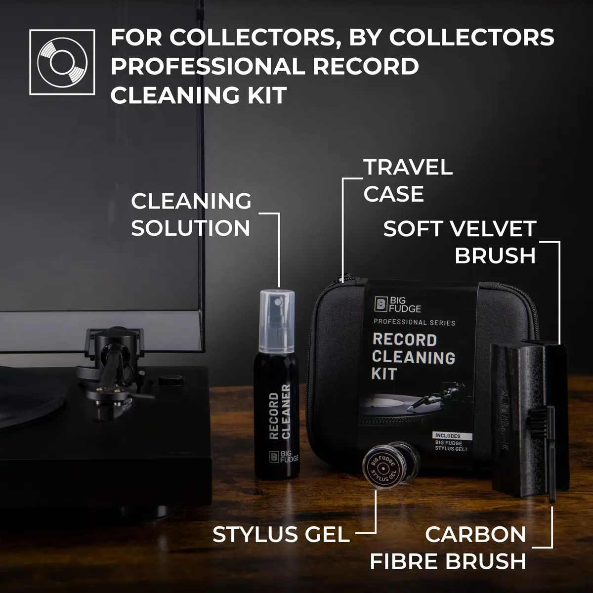 Big Fudge Record Cleaning Kit Professional Series - Vinyl Record Cleaner - Includes Vinyl Brush, Cleaning Fluid, Stylus Gel, Velvet Brush, Padded Case - view 2