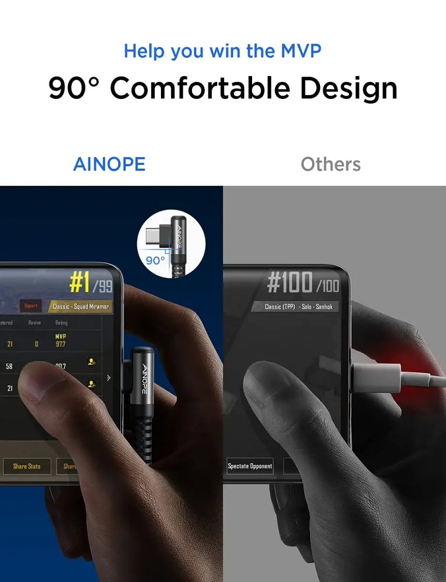 AINOPE 6.6ft Black USB C to USB C Cable 2-Pack, Right Angle Fast Charging - view 3