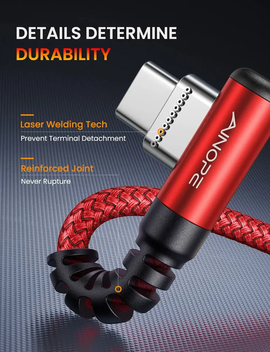 AINOPE 6.6ft (2m) Red Right Angle USB C to USB C Cable | 60W Fast Charging & 480Mbps Data Transfer - view 6