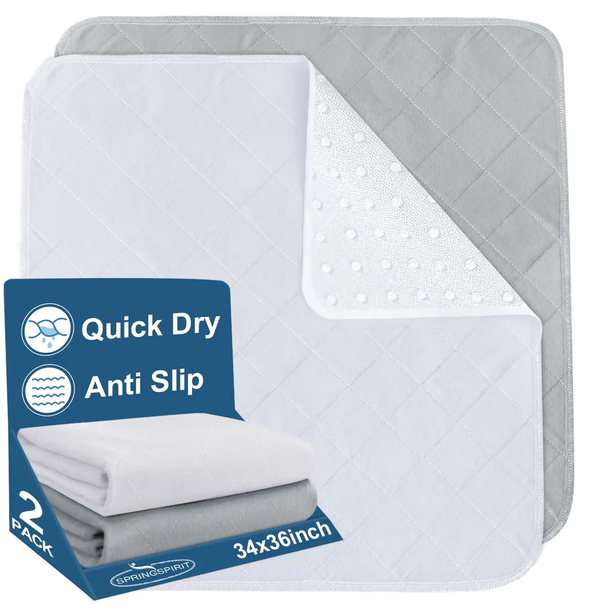 SPRINGSPIRIT Washable Waterproof Bed Pads for Incontinence 2 Pack 86cm x 91cm | 4-Layer Protection with 8oz Absorbency - main product image