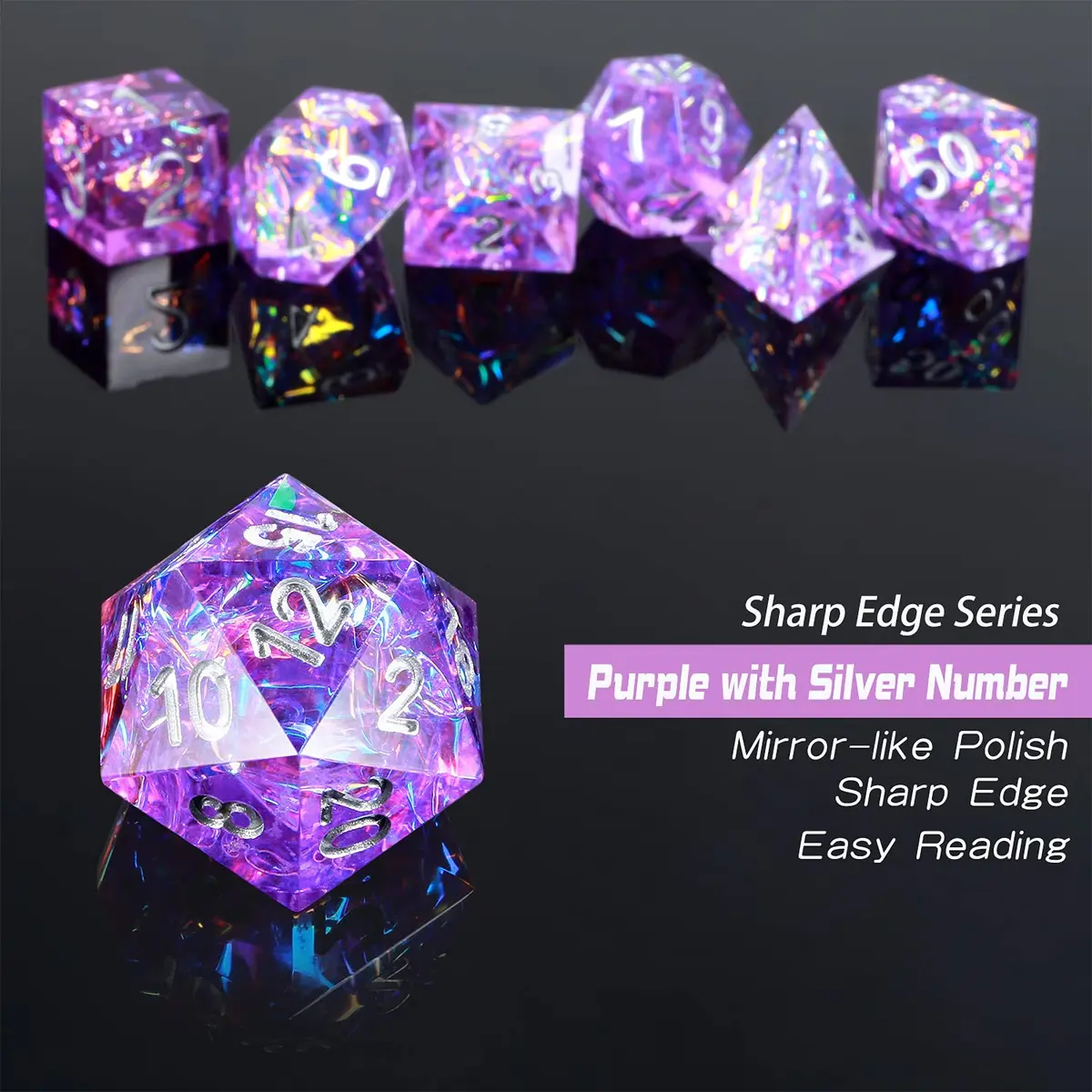 DNDND Sharp Edge Dice Set, Handmade 7 Piece DND Dice with Gift Case for DND Dungeons and Dragon Game (Purple with Silver Number) | Handmade Resin RPG Dice - view 4